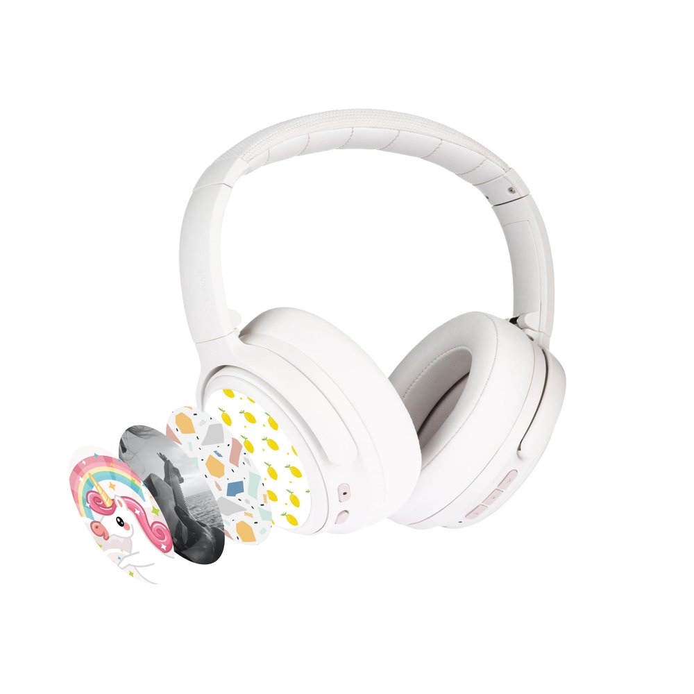 BuddyPhones Cosmos Fun | Wired or Wireless Foldable ANC Bluetooth Headphones + Microphone - SafeAudio Volume-Limiting Options, for Toddlers to Young Adults (White)