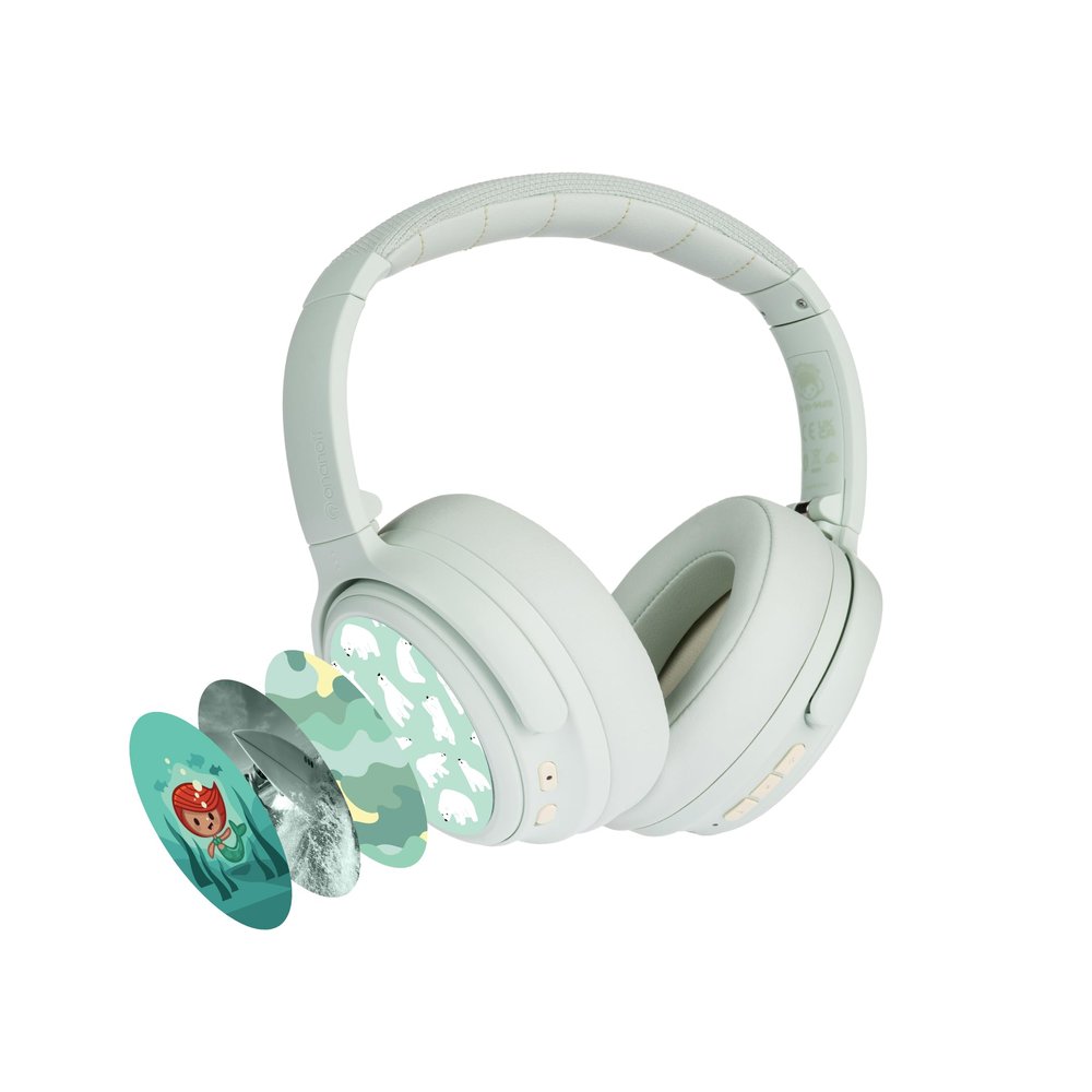 BuddyPhones Cosmos Fun | Wired or Wireless Foldable ANC Bluetooth Headphones + Microphone - SafeAudio Volume-Limiting Options, for Toddlers to Young Adults (Green)