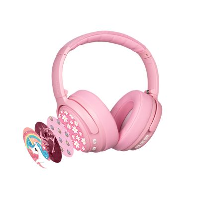 BuddyPhones Cosmos Fun | Wired or Wireless Foldable ANC Bluetooth Headphones + Microphone - SafeAudio Volume-Limiting Options, for Toddlers to Young Adults (Pink)
