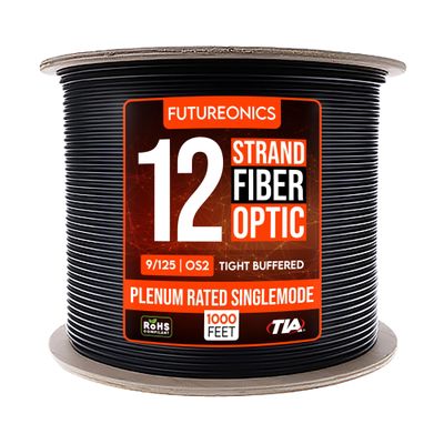 Futureonics Plenum 12 Strand Indoor/Outdoor Fiber Optic Cable, OS2 9/125 Singlemode, Corning, Black, Spool, 1000 Feet