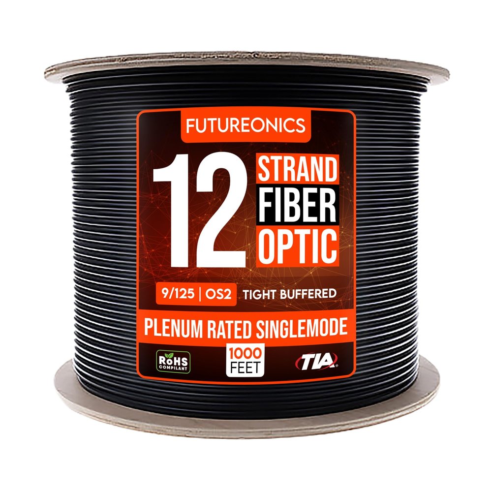 Futureonics Plenum 12 Strand Indoor/Outdoor Fiber Optic Cable, OS2 9/125 Singlemode, Corning, Black, Spool, 1000 Feet