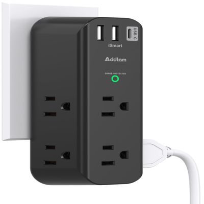 Surge Protector Outlet Extender - with Rotating Plug, 6 AC Multi Plug Outlet with 3 USB Ports, 1800J Wall Charger, 3-Sided Power Strip with Spaced Outlet Splitter for Home, Office, Travel Black