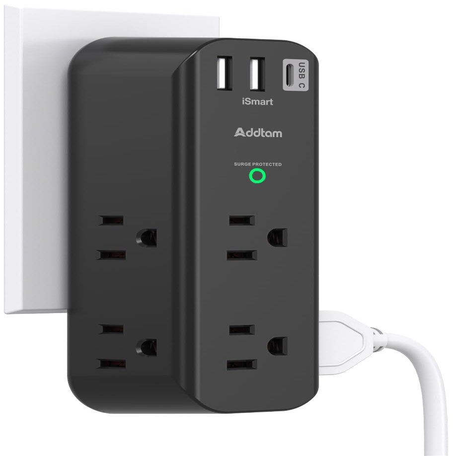 Surge Protector Outlet Extender - with Rotating Plug, 6 AC Multi Plug Outlet with 3 USB Ports, 1800J Wall Charger, 3-Sided Power Strip with Spaced Outlet Splitter for Home, Office, Travel Black