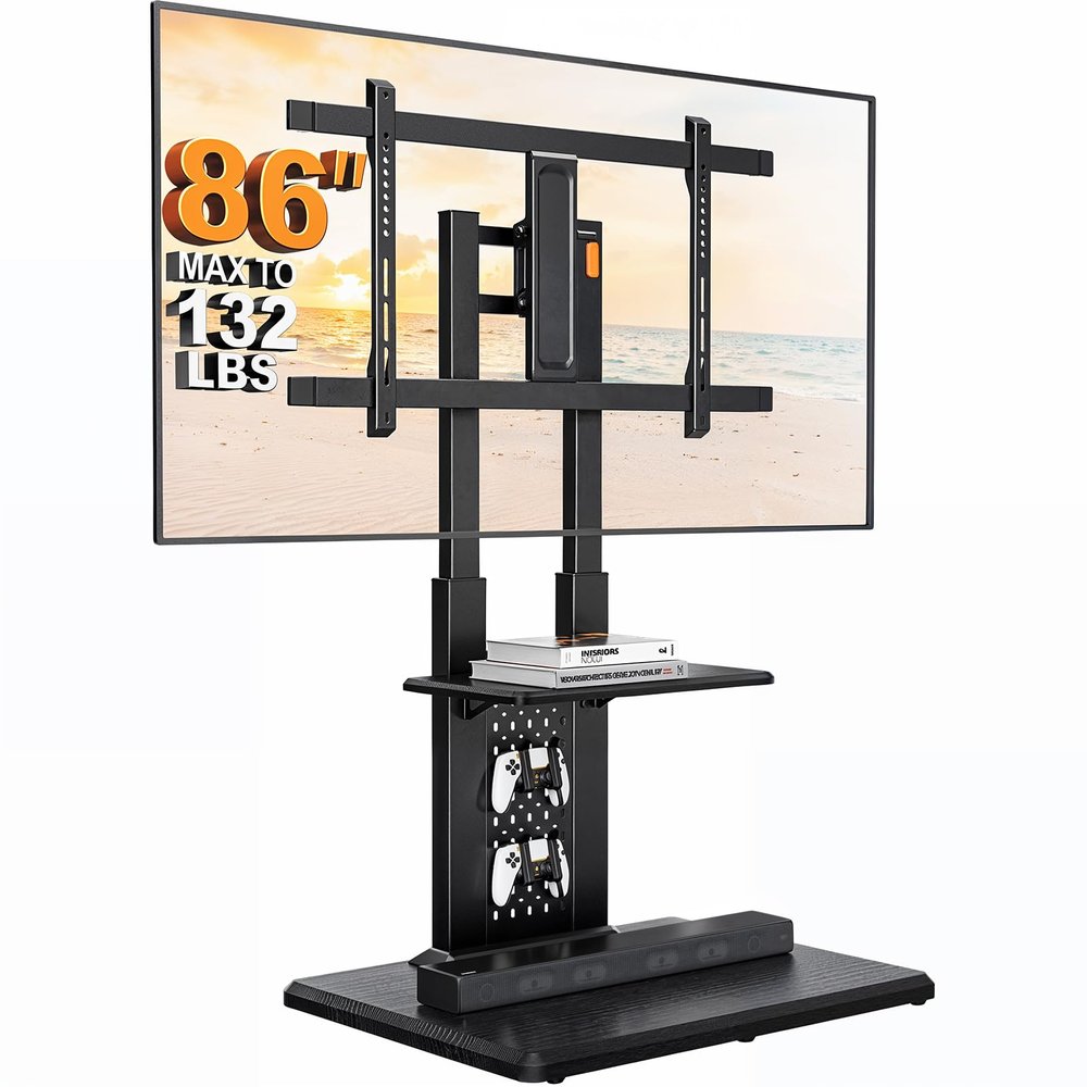 Perlegear Floor TV Stand with Mount for 32-86" TVs up to 132 lbs, Tall TV Stand with Pegboard and 6 Height Settings, TV Swivel Stand with Wooden Base, Max VESA 600x400mm PGFS13
