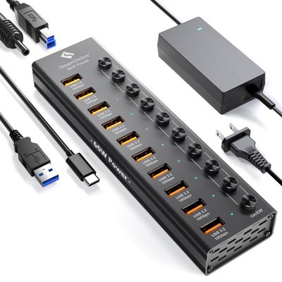 Powered USB 3.2 to Type-A, Type-C Hub, SmartDelux 10Gbps 10 Port Adapter, Individual LED Switches end High-Speed Data Transfer, Power Adapter 60W, USB Extension for Laptop, Flash Drive, PC and More