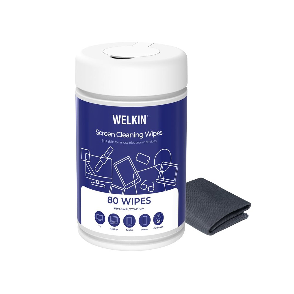 WELKIN 80 Electronics Cleaning Wipes - Non Toxic Screen Cleaner, Streak Free Touchscreen Cleaning for All Phones, Laptop, Computer, TV and Car1 X Microfiber Cloth Included
