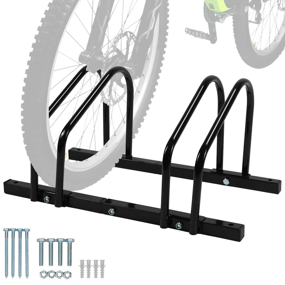 QWORK Sturdy 2-Bike Floor Stand, Powder-Coated Steel Bike Rack for Indoor/Outdoor Use, Compatibility with 22-28 Inch Wheels, Max Tire Width 2.15 Inch