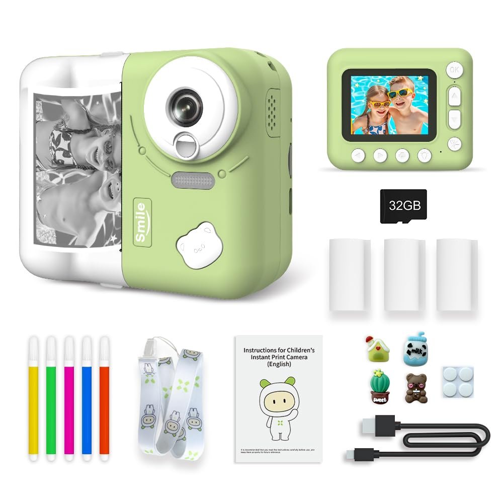 Andoer Kids Instant Print Camera Kids Camera 1080P Digital Camera for Kids 2.4 Inch IPS Screen 10X Zoom with Thermal Printing Paper Color Pens Neck Strap 32GB TF Card Gift for Children Boys Girls