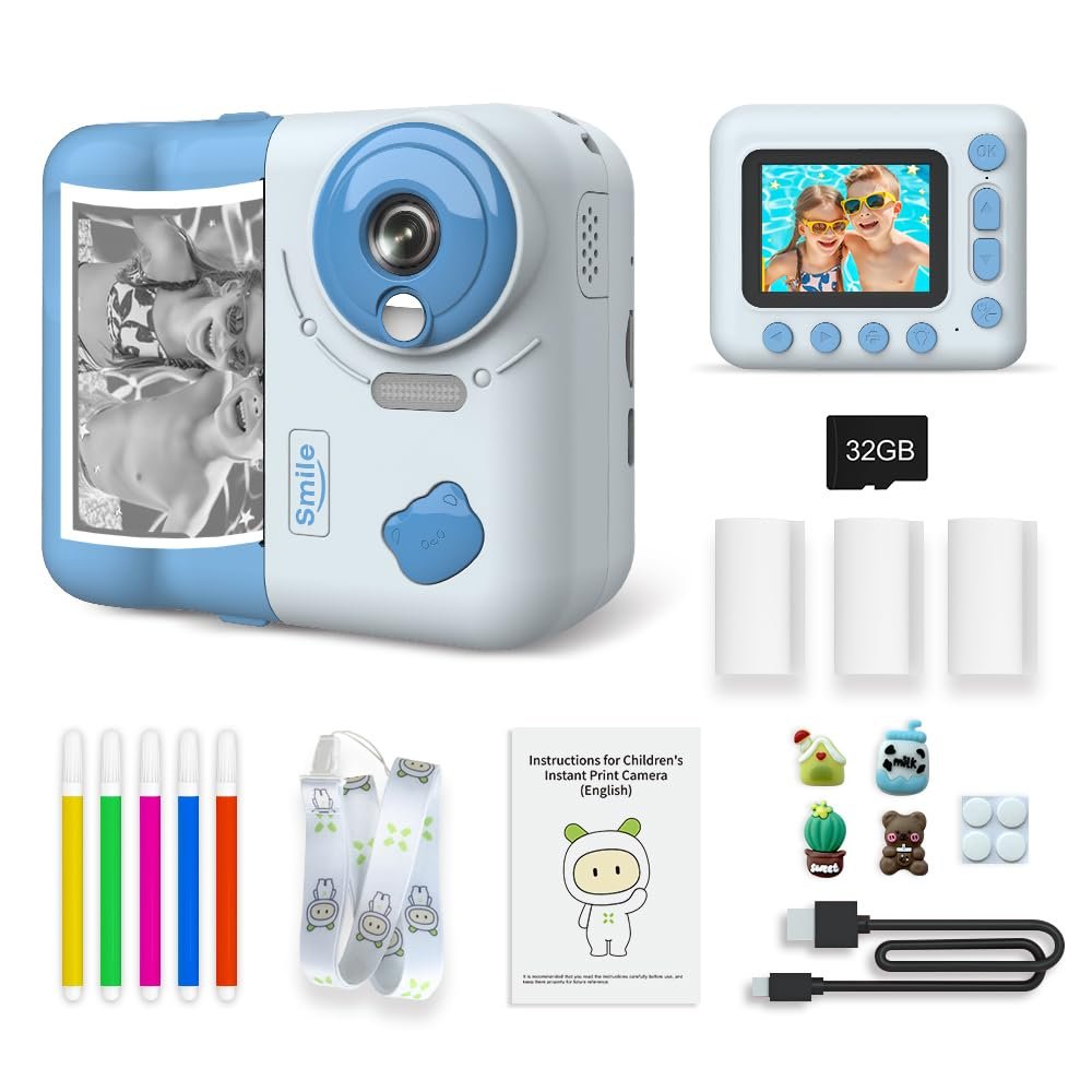 Andoer Kids Instant Print Camera Kids Camera 1080P Digital Camera for Kids 2.4 Inch IPS Screen 10X Zoom with Thermal Printing Paper Color Pens Neck Strap 32GB TF Card Gift for Children Boys Girls