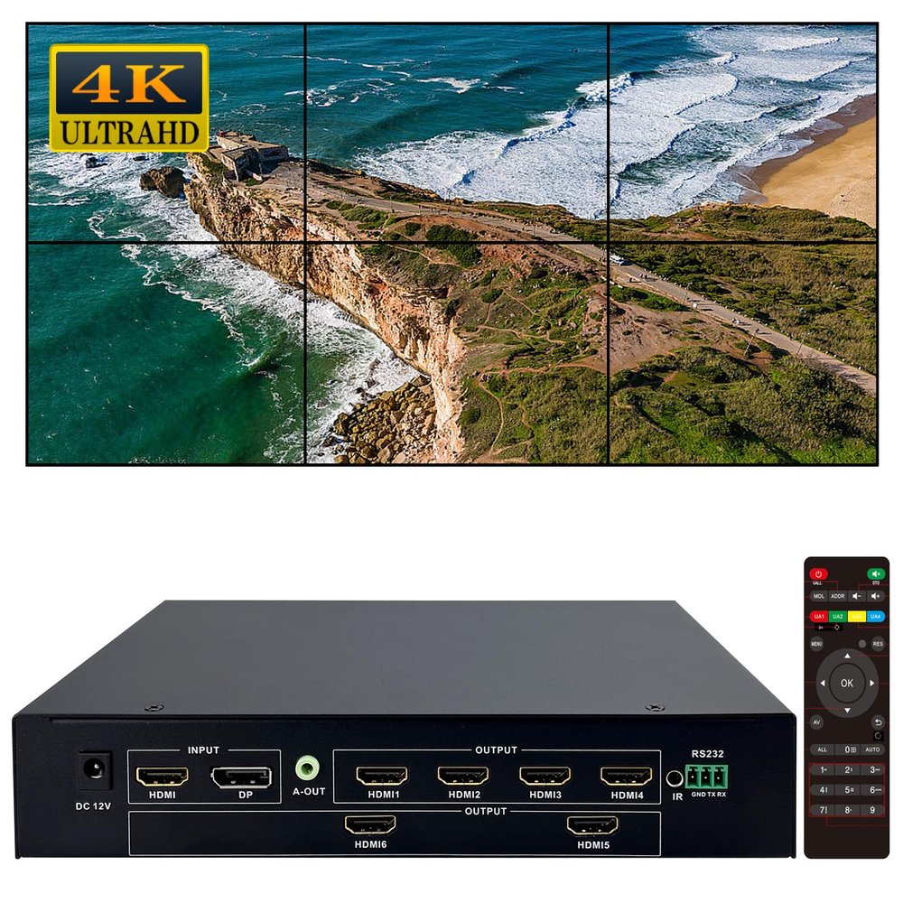 ICUIXIAN UHD Video Wall Controller 2x3 4k60Hz Output 6 tv Video Wall Controller HDMI2.0 (HDCP2.2) 18Gbps, Rs-232, Edge Fusion, 180 Rotation, 3.5MM Audio Out, 14 Splicing Mode Video Wall Processor