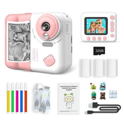 Andoer Instant Kids Photo Camera, 1080P 2.4"" Instant Print Camera for Kids with Thermal Printing Paper Color Pens Neck Strap, Boys and Girls Ages 3-12, Pink