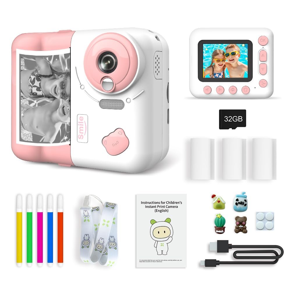 Andoer Instant Kids Photo Camera, 1080P 2.4"" Instant Print Camera for Kids with Thermal Printing Paper Color Pens Neck Strap, Boys and Girls Ages 3-12, Pink