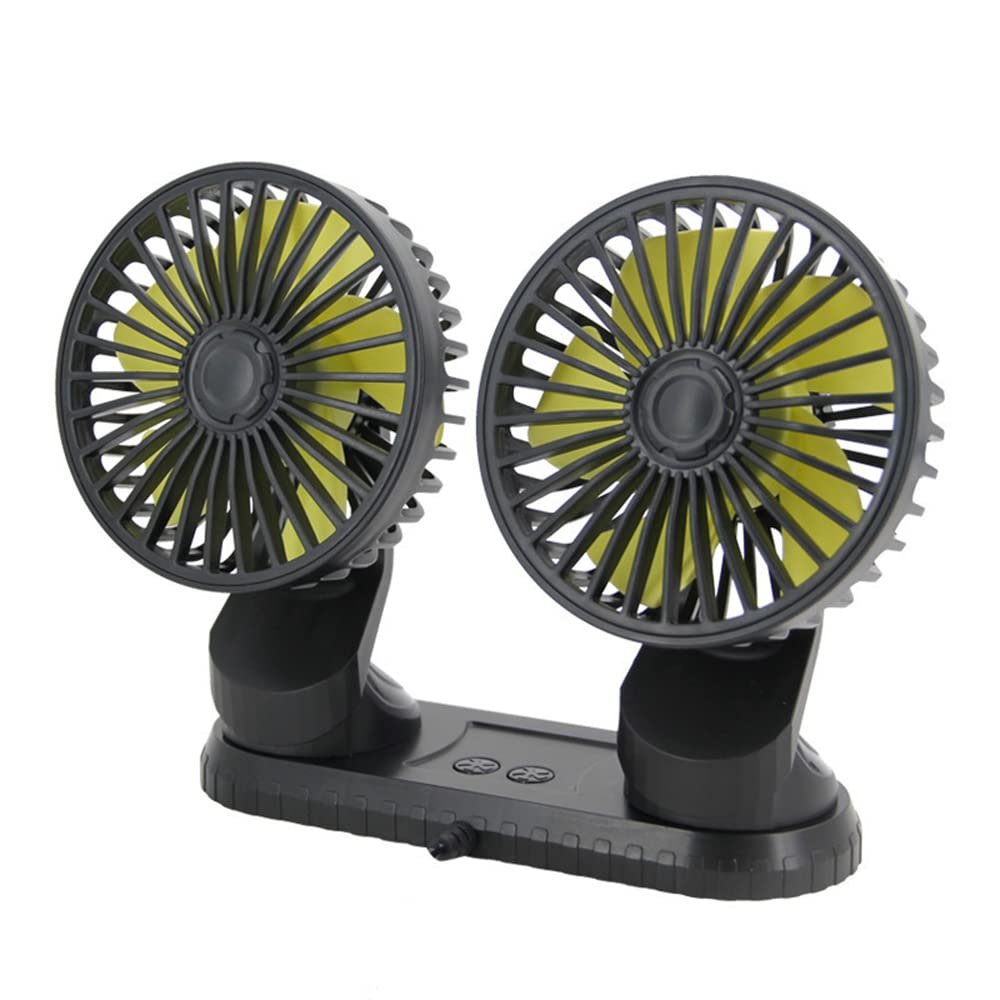 Riloer USB Powered Car Dual Head Fan, Multi-Angle Rotatable Dashboard, Three Gears Summer Cooling Fan Accessories, ABS Car Cooling Fan, Black+Yellow
