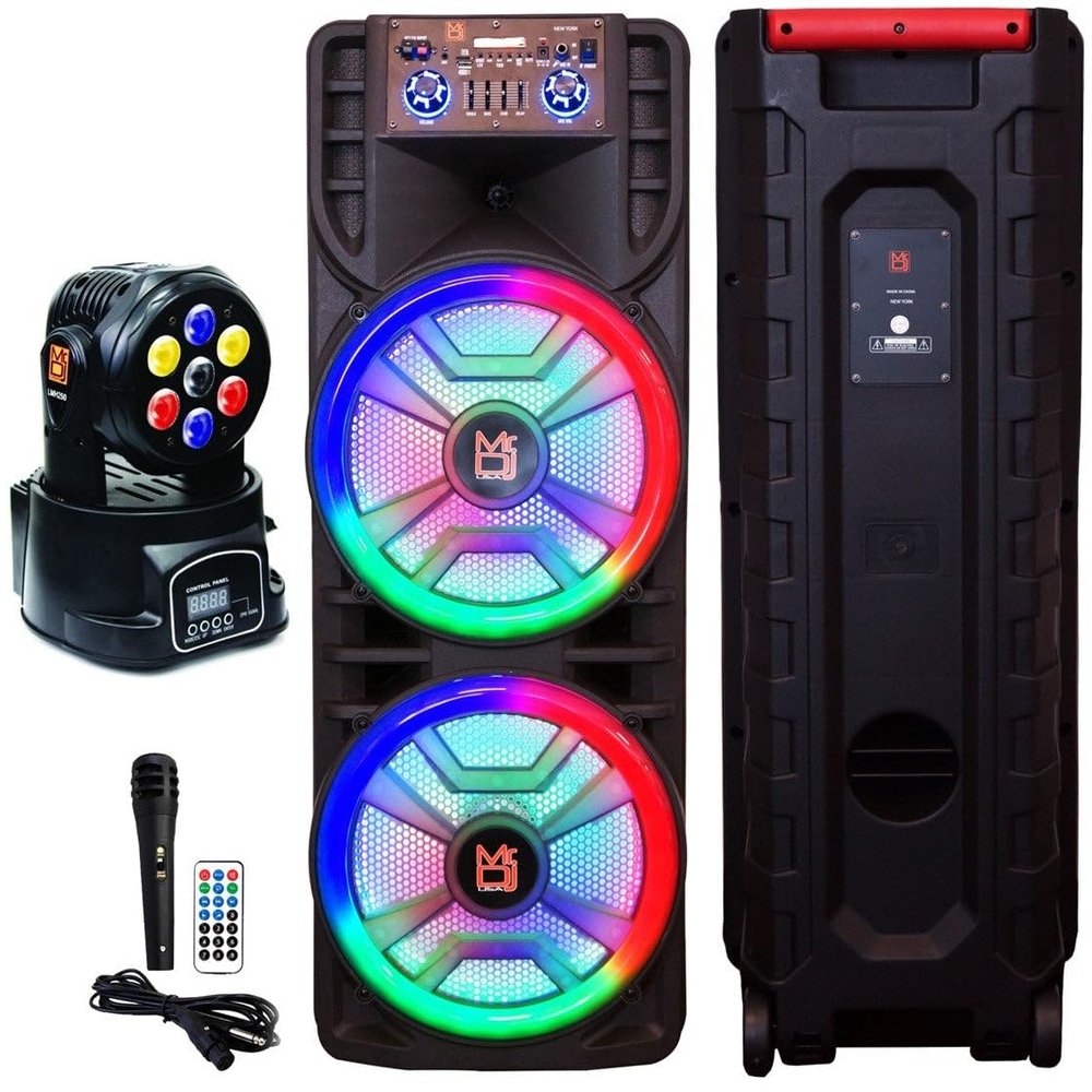 Mr. Dj USA Newyork+ 12" X 2 Rechargeable Portable Bluetooth Karaoke Speaker with Party Flame Lights Microphone TWS USB FM Radio + 7-LED Moving Head DJ Light