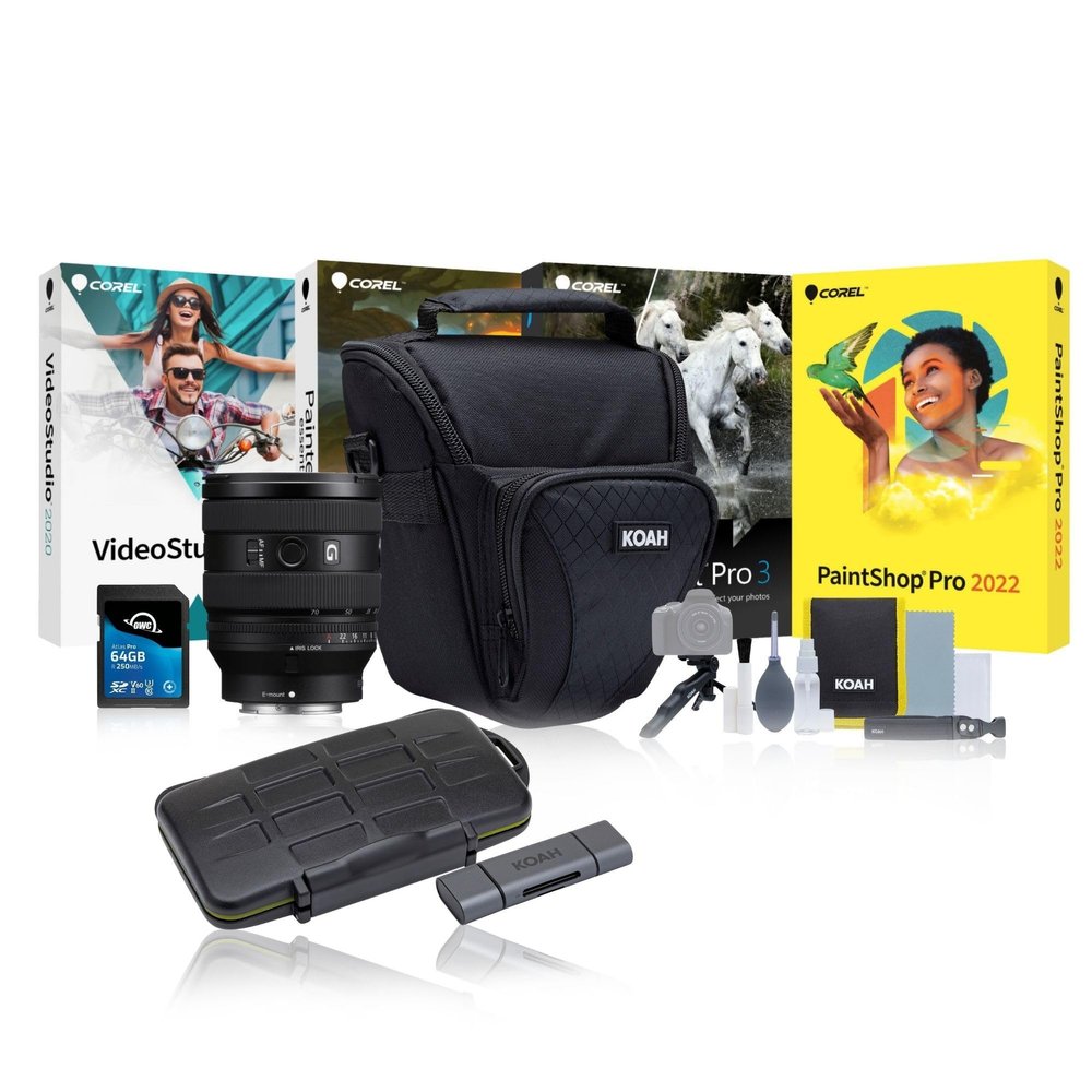 Sony FE 20-70mm F4 G Compact Zoom Lens - Professional Photography Gear with Fast Autofocus - Full-Frame E-Mount Bundle with 64GB Memory Card, Editing Software, Camera Case, and Accessories (5 Items)