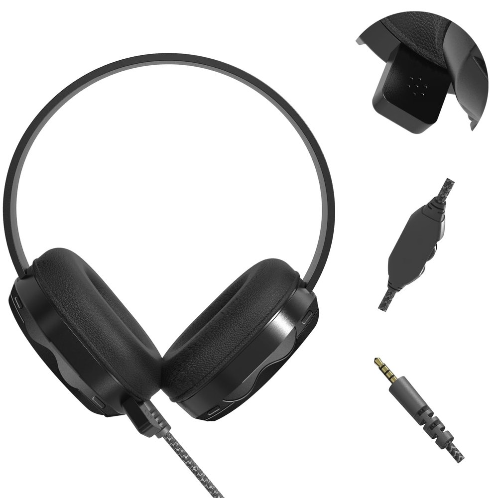 iBenzer Bumptect Headphones with Microphone for Kids School, Over-Ear Wired Heaphones Volumn Adjuster, 3.5mm Jack Wired Cored Headset for Children, K12, Education, Kindle, Tablet, PC, Black