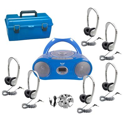 HamiltonBuhl 6-Station Listening Center with AudioAce Bluetooth Boombox, 6 Schoolmate Personal-Sized Headphones, Jackbox & Carry Case