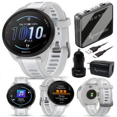 Wearable4U Garmin Forerunner 165 Music Running Smartwatch, Colorful AMOLED Touchscreen, Training Metrics and Recovery Insights Includes PowerPack +Adapters Bundle, Mist Gray/Whitestone