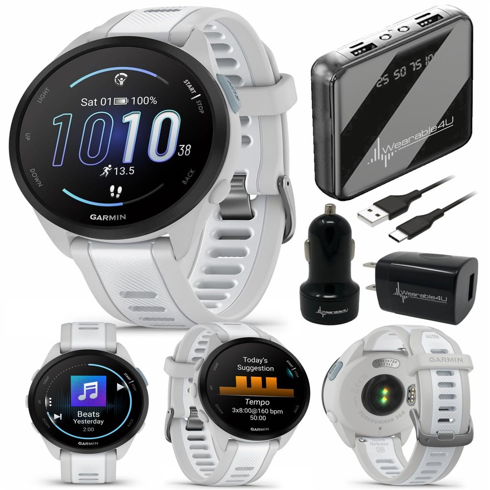 Wearable4U Garmin Forerunner 165 Music Running Smartwatch, Colorful AMOLED Touchscreen, Training Metrics and Recovery Insights Includes PowerPack +Adapters Bundle, Mist Gray/Whitestone