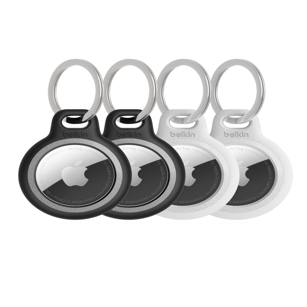 Belkin Apple AirTag Reflective Secure Holder w/Key Ring, Scratch-Resistant Case w/Raised Edges - Protective AirTag Keychain Accessory for Keys, Child Tracking Device, Pets - Grayscale (4-Pack)