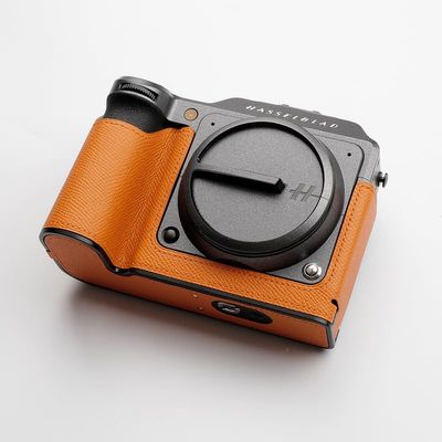 Handmade Genuine Leather Camera Half Case for Hasselblad X2D - Top Layer Cowhide Body + Metal Base Plate + Hand Shank 3-in-1 Design (Orange)