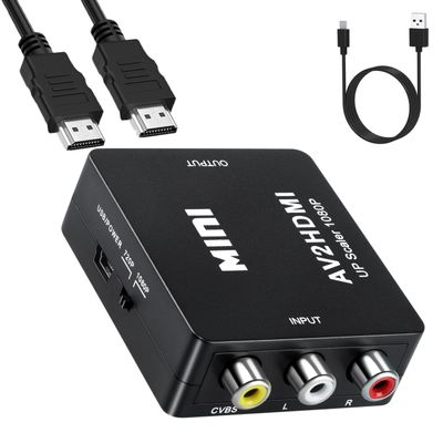 Aolirot RCA to HDMI Converter, 1080P Mini RCA Composite CVBS Video Audio Supporting PAL/NTSC for TV/PC/ PS3/ STB/Xbox VHS/VCR/Blue-Ray DVD Players (RCA Adapter+HDMI Cable), Black