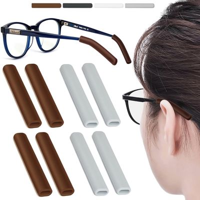 4 Pairs Silicone Glasses Ear Cushion, Eye Glasses Ear Grippers Anti Slip, Glasses Ear Grips Non Slip, Eyeglass Ear Cushions for Pain, Temple Sleeves Tips Ear Pads for Glasses Slip Preventer (BRN&Gry)