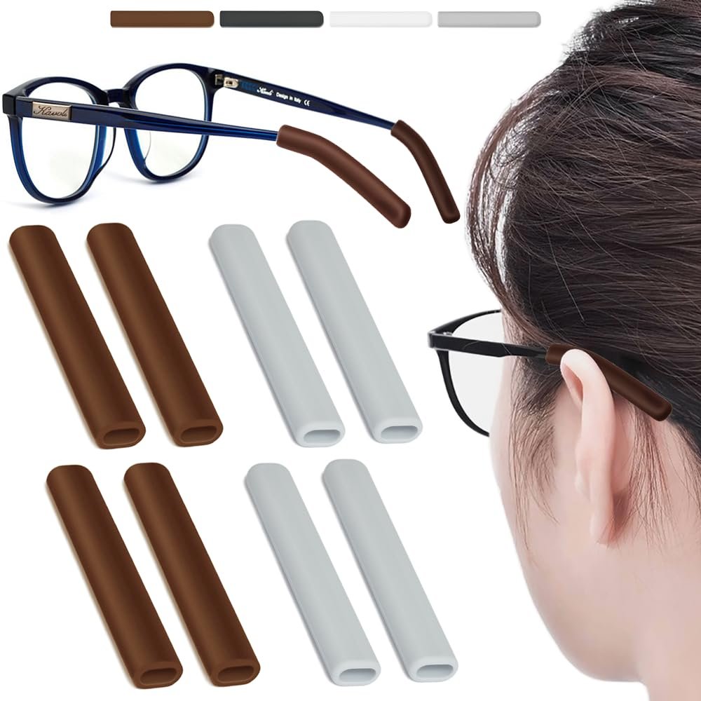 4 Pairs Silicone Glasses Ear Cushion, Eye Glasses Ear Grippers Anti Slip, Glasses Ear Grips Non Slip, Eyeglass Ear Cushions for Pain, Temple Sleeves Tips Ear Pads for Glasses Slip Preventer (BRN&Gry)