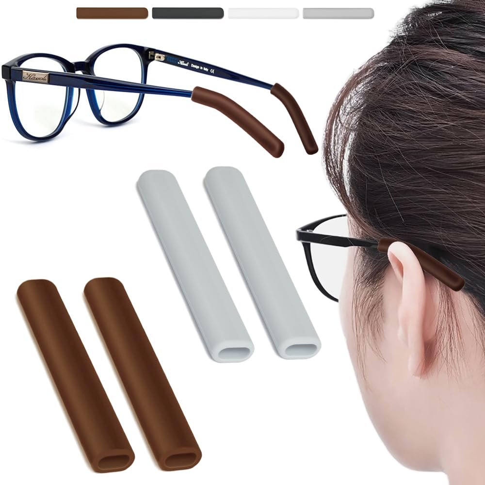 2 Pairs Silicone Glasses Ear Cushion, Eye Glasses Ear Grippers Anti Slip, Glasses Ear Grips Non Slip, Eyeglass Ear Cushions for Pain, Temple Sleeves Tips Ear Pads for Glasses Slip Preventer (BRN&Gry)