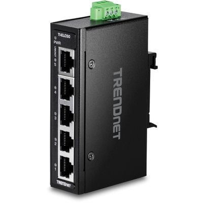 TRENDnet 5-Port Industrial Fast Ethernet DIN-Rail Mini Switch, TI-ELC50, 5 x 10/100Mbps Ports, IP30 Rated Housing, 1Gbps Switching Capacity, Black