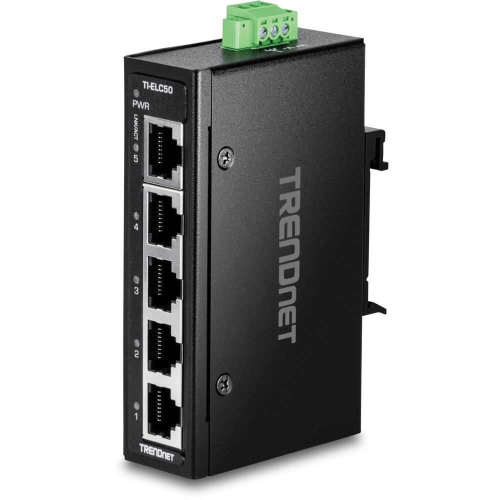 TRENDnet 5-Port Industrial Fast Ethernet DIN-Rail Mini Switch, TI-ELC50, 5 x 10/100Mbps Ports, IP30 Rated Housing, 1Gbps Switching Capacity, Black