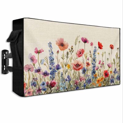 Outdoor TV Cover 40 to 43 Inch Vintage Floral Daisy Hydrangea Red Poppy Flowers Waterproof Weatherproof Outside Zipper TV Screen Protector Flat Television Covers with Remote Control Pocket