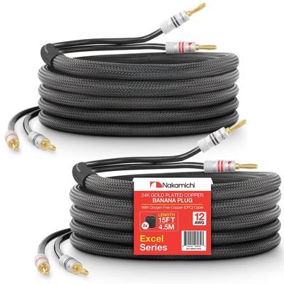 Nakamichi Excel Series 24k Gold Plated Banana Plug with (15 Feet) Speaker Cable Wire 99.9% Oxygen-Free Copper (OFC) Heavy Duty Braided in-Wall CL2 Rated - Black (12AWG / 15ft / 4.5m) 2-Pack
