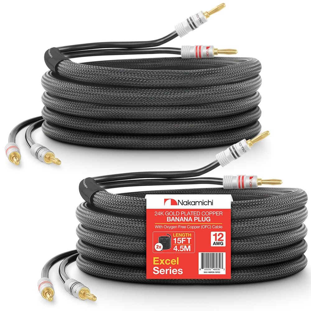 Nakamichi Excel Series 24k Gold Plated Banana Plug with (15 Feet) Speaker Cable Wire 99.9% Oxygen-Free Copper (OFC) Heavy Duty Braided in-Wall CL2 Rated - Black (12AWG / 15ft / 4.5m) 2-Pack