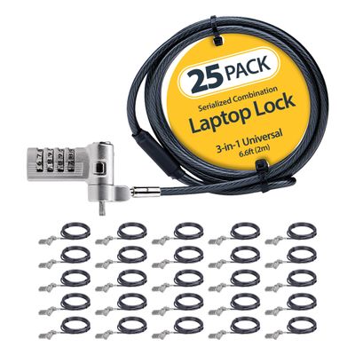 StarTech.com 25-Pack Universal Laptop Lock 6.6ft (2m), Serialized Security Cable, Compatible with Noble Wedge/Nano/K-Slot, TAA