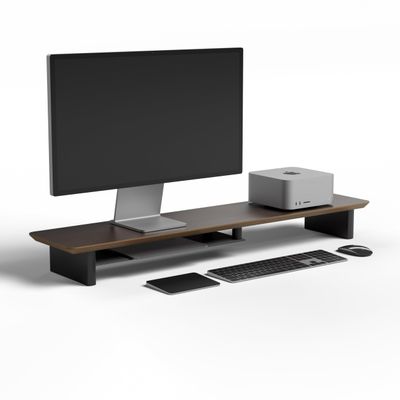 amesoba Walnut DualTier Monitor Stand for Modern Desk Setup Minimalist Wooden Riser Shelf for Dual Monitors, Laptops, Home Office Aesthetic (Dark Walnut, Large)
