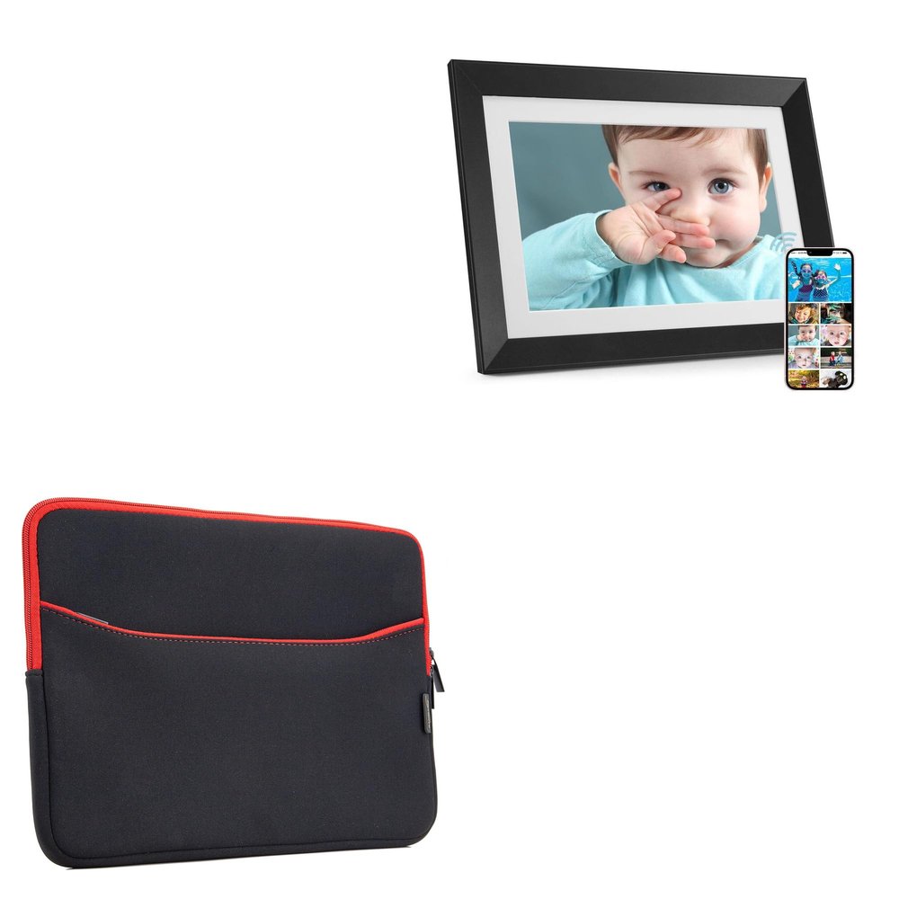 BoxWave Case Compatible with Benibela Digital Picture Frame 10.1 in WiFi AI Smart 32gb - SoftSuit with Pocket, Soft Pouch Neoprene Cover Sleeve Zipper Pocket - Jet Black with Red Trim