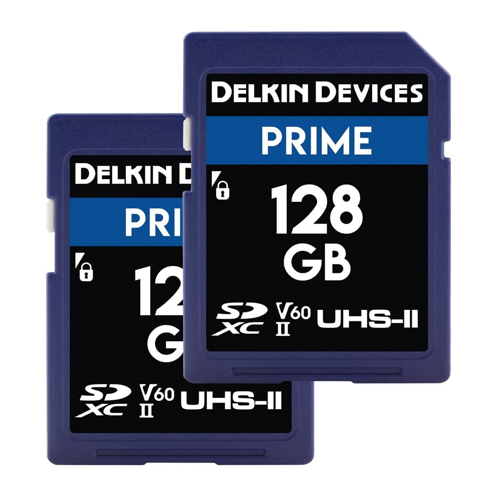 Delkin Devices Prime 128GB 2PK SDXC UHS-II (U3/V60) Memory Cards High Endurance for 8K, 4K, Full HD, and RAW Burst | Compatible with DSLR and Digital Cameras