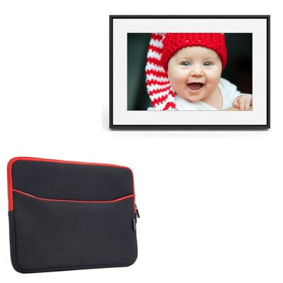 BoxWave Case Compatible with Loop WiFi Digital Picture Frame 10 in - SoftSuit with Pocket, Soft Pouch Neoprene Cover Sleeve Zipper Pocket - Jet Black with Red Trim