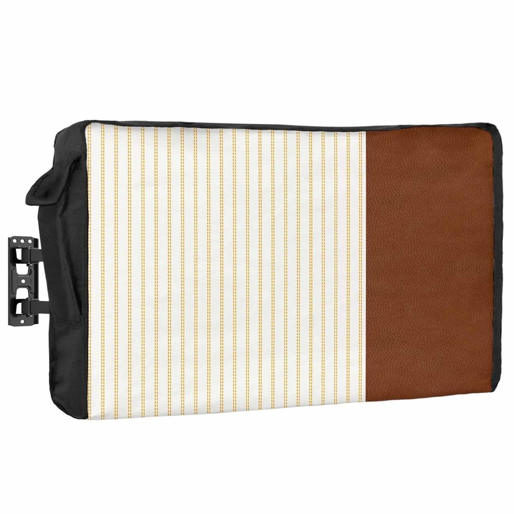 Falaniique Boho Orange Waterproof Outdoor TV Cover 40-43 Inch Weatherproof, Outside Television Cover TV Screen Protector with Remote Control Pocket, Brown Leather Texture Geometric Stripes