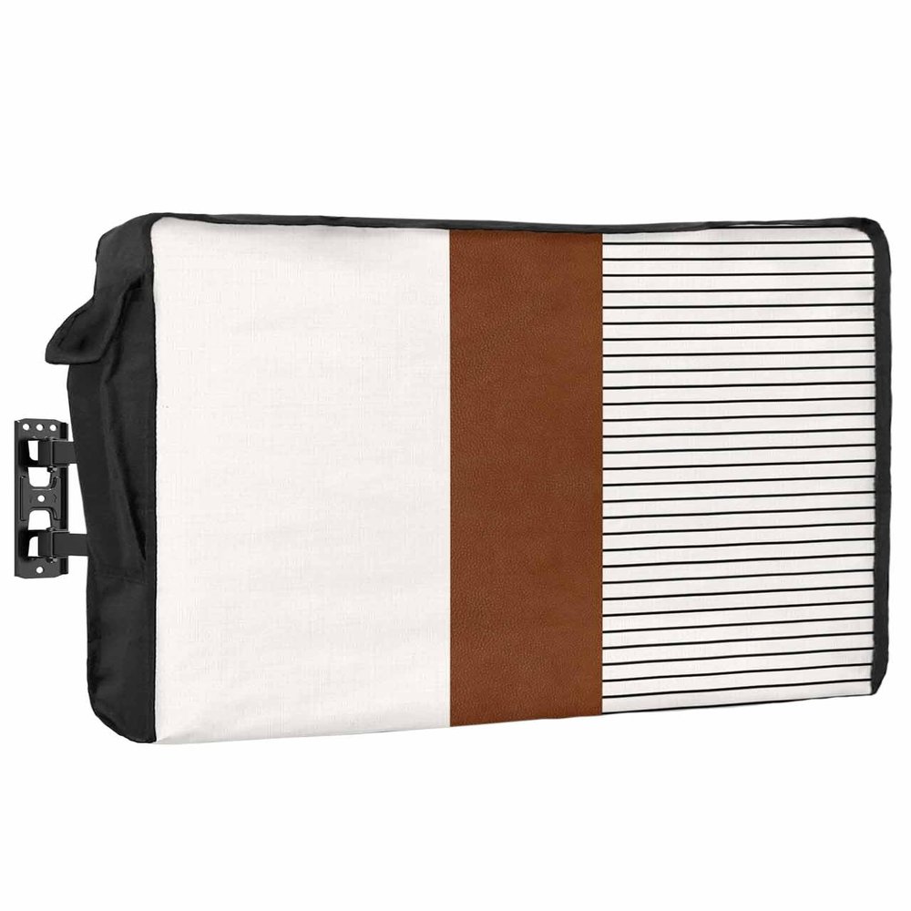 Boho Brown Waterproof Outdoor TV Cover 30-32 Inch Weatherproof, Outside Television Cover TV Screen Protector with Remote Control Pocket, Bohemia Country Rustic Geometric Stripes