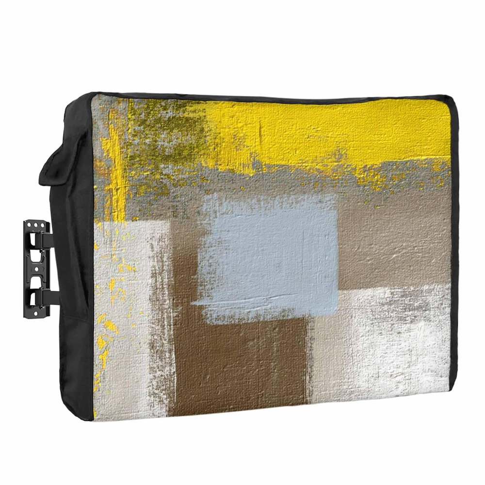 Falaniique Modern Yellow Waterproof Outdoor TV Cover 70-72 Inch Weatherproof, Outside Television Cover TV Screen Protector with Remote Control Pocket, Abstract Brown Beige Minimalist Art Decor