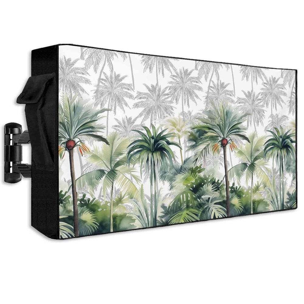 Green Tropical Outdoor TV Cover Waterproof & Weatherproof TV Covers with Roll Up Front Flat for 52-55 Inch,TV Screen Protector Remote Control Pocket,Summer Palm Coconut Tree Plant Beach Watercolor