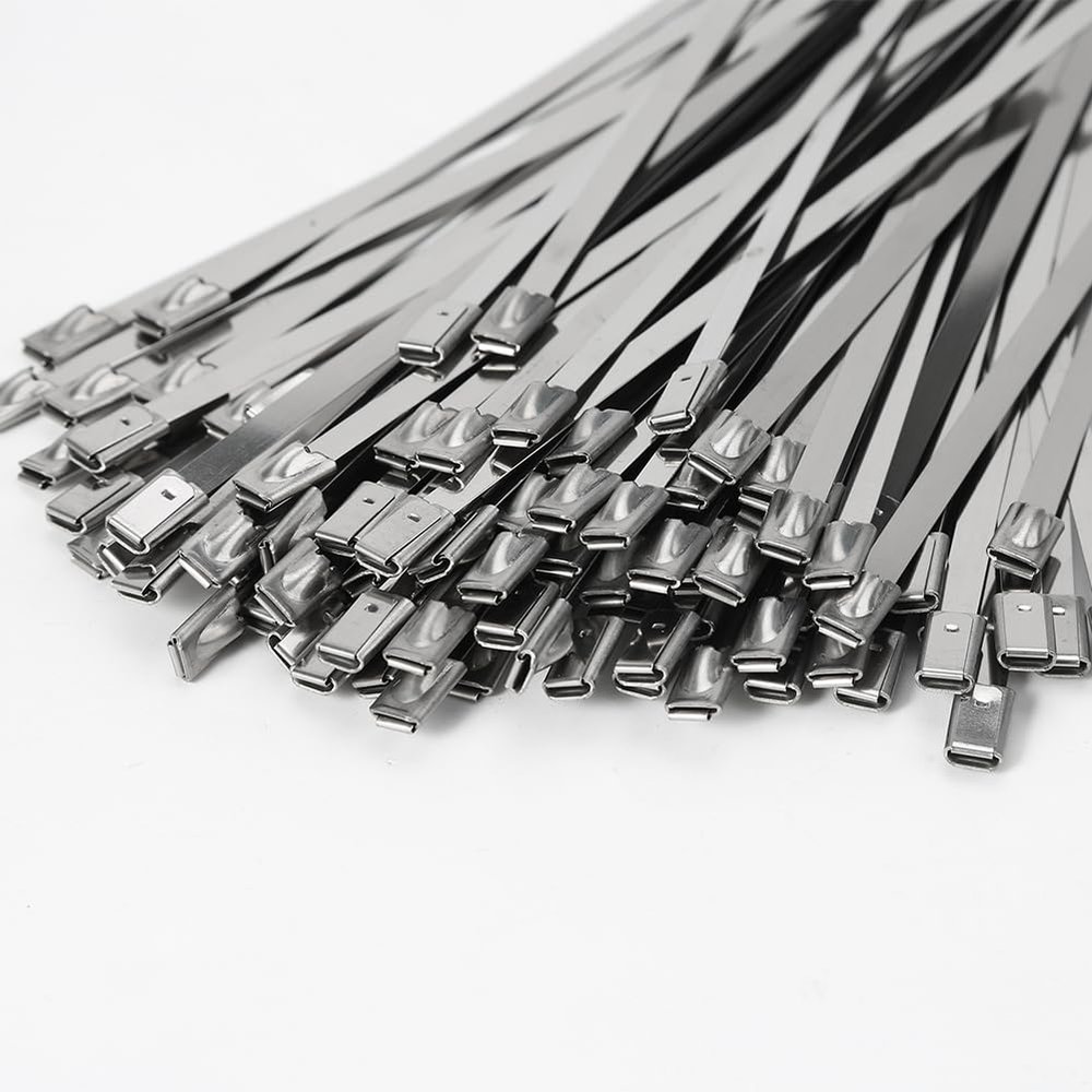 11.8inch 100Pcs Stainless Steel Cable Ties Metal Zip Ties Strap for Exhaust Wrap Multi-Purpose Heavy Duty Self-locking Fastening Ring