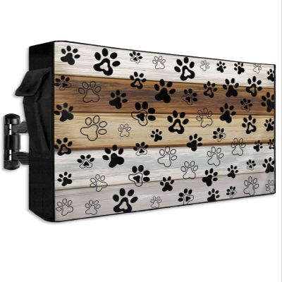 Farmhouse Paw Print Outdoor TV Cover Waterproof & Weatherproof TV Covers with Roll Up Front Flat for 60-65 Inch,Outside Zipper TV Screen Protector Enclosure Remote Control Pocket,Gradient Wooden Brown