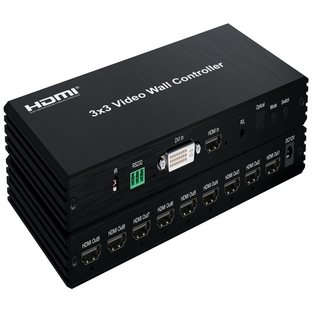 3x3 HDMI Video Wall Controller DVI TV Wall Processor with Audio 1080P 60Hz 2x2 2x3 2x4 1x3 1x4 1x5 TV Wall 9 Screen Video Wall Stitching Processor TV Splicing Box 180 Degree Rotate