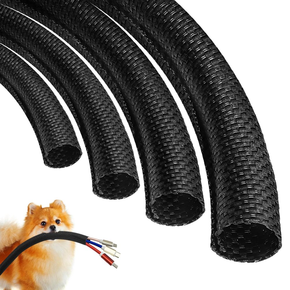 Cat Dog Cord Protectors from Pets No Chew 12ft - 1/2inchRabbits Cable Sleeves Cord Management Puppy Proof Covers, Wire Loom Critter Cord Charger Protector Heavy Duty Split Sleeve Automotive TvBlack