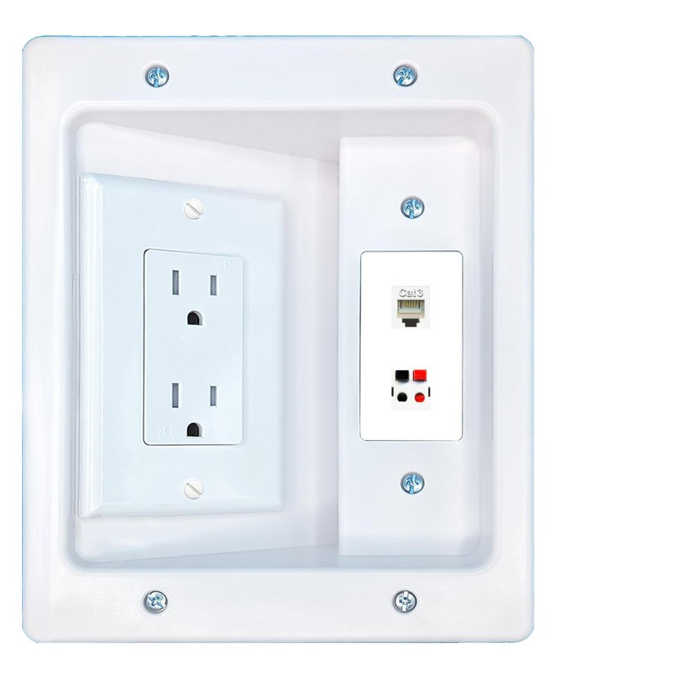RiteAV Phone Speaker Recessed Wall Plate Cable Concealer Management Kit with Power Outlet Hides Cords and Cables