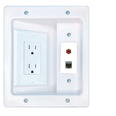 RiteAV CAT6-SHIELDED RCA-RED Recessed Wall Plate Cable Concealer Management Kit with Power Outlet Hides Cords and Cables