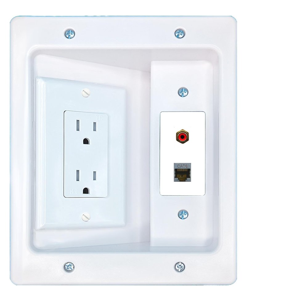 RiteAV CAT6-SHIELDED RCA-RED Recessed Wall Plate Cable Concealer Management Kit with Power Outlet Hides Cords and Cables